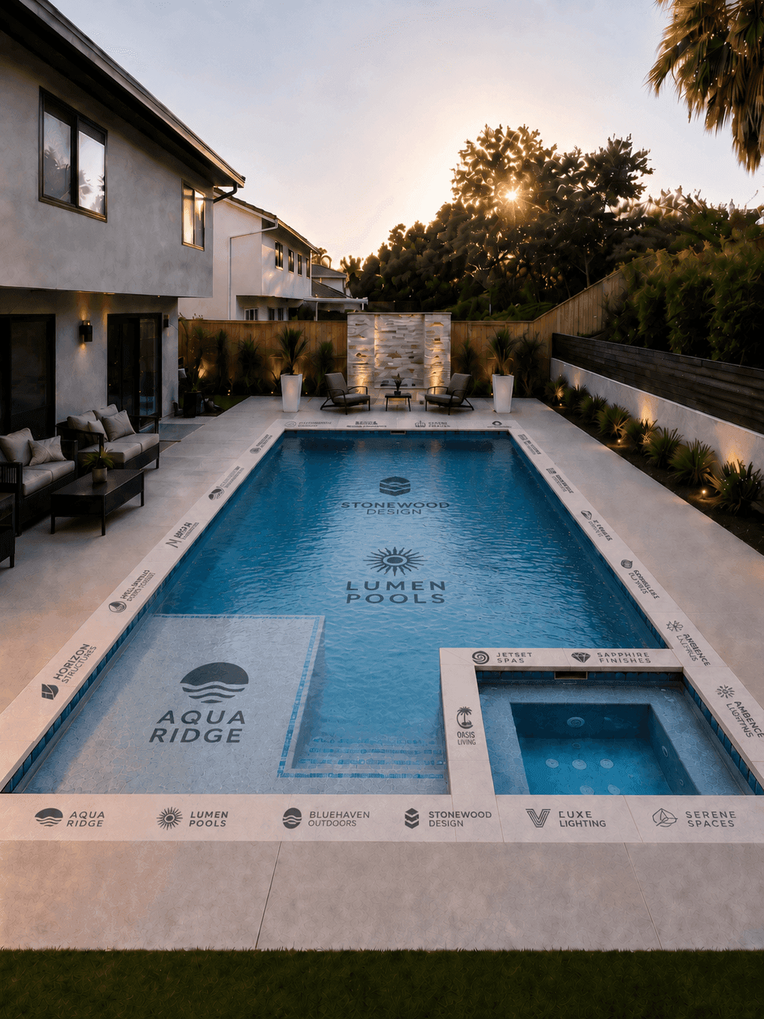 Sponsor preview of the finished rectangular pool with example logos on the pool floor, Baja shelf and coping